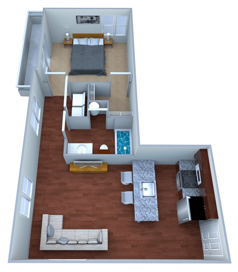 Floor plan for 1 bed, 1 bath, 678 sqft